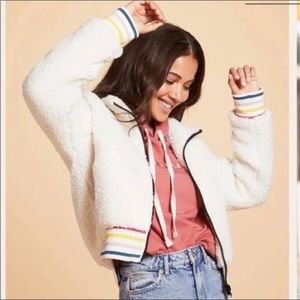 Ivory Ella White Fleece Jacket with Rainbow Trim